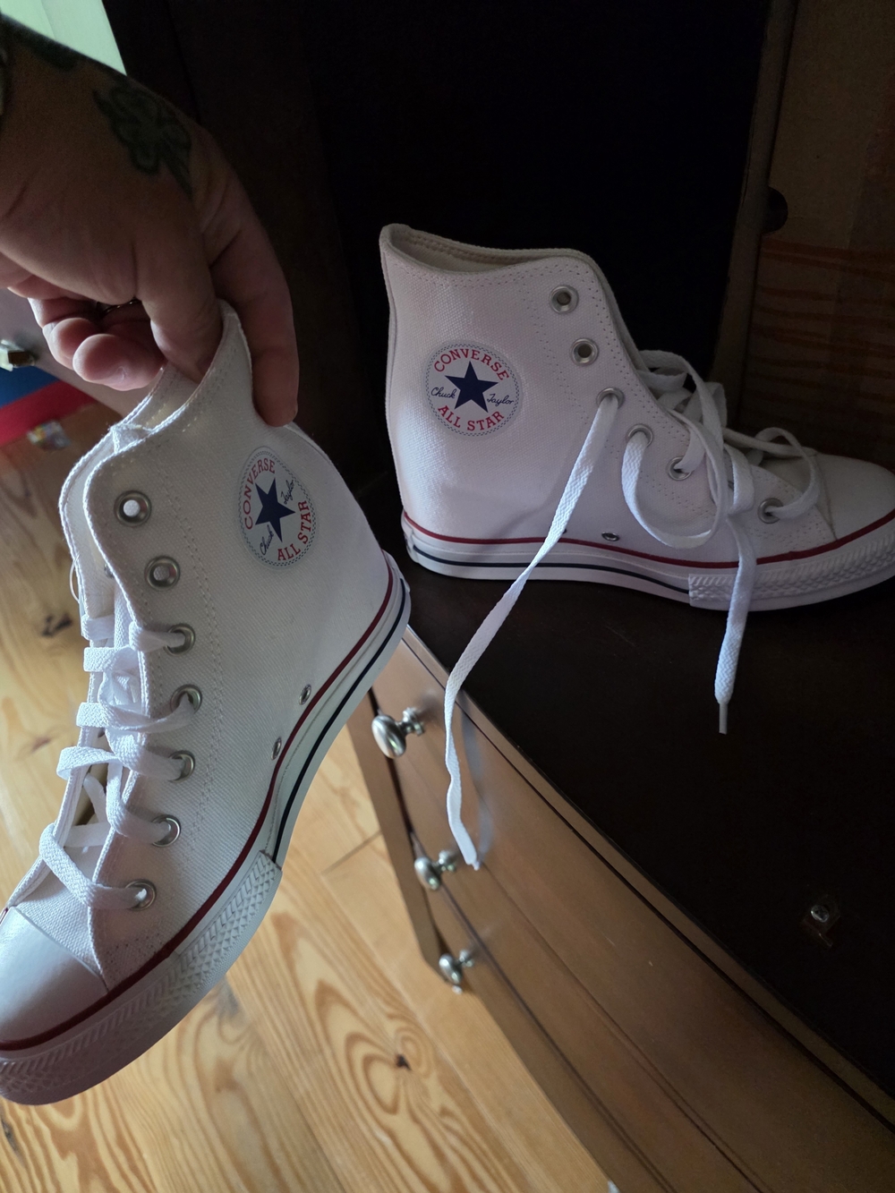 Converse White High Top Sneakers with Red & Blue Trim
